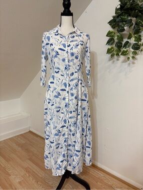 Cynthia Rowley Linen Blend White Button Down Maxi Dress with Blue Leaf Print XS